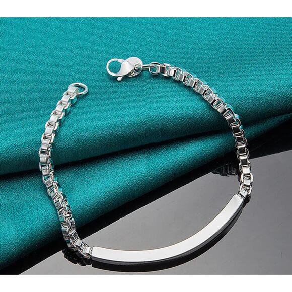 925 Sterling Silver Plated Bracelet Unisex Curved Bar on Box Chain NWT - Picture 3 of 5